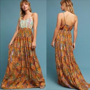 Anthropologie Raga Parkland Embroidered Bodice Bird Print Maxi Dress S